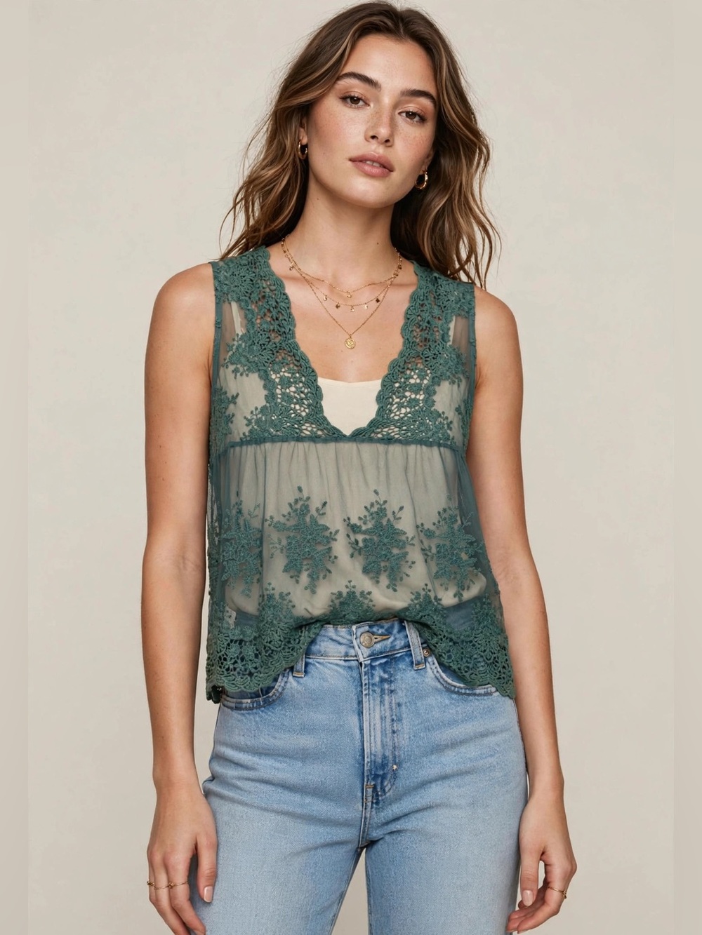 REBELLION Again Sleeveless Lace & Mesh Tank Top - Deep Teal - Medium